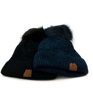 PAGE ONE 2Women Pom Pom Beanie Navy Fleece Lined L
